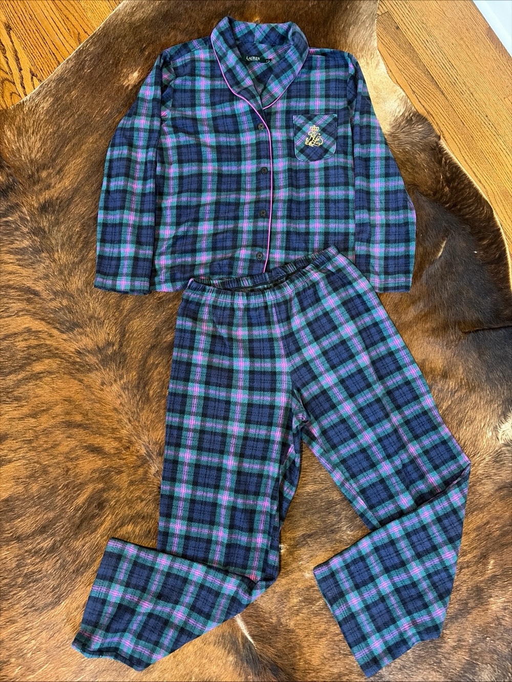 Ralph Lauren Women Flannel Plaid Pajama Set 100% Cotton Size M Embroidered Cozy